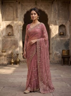Dusty Rose Floral Sequin Net Saree