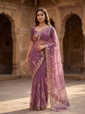 Mauve Purple Floral Sequin Net Saree