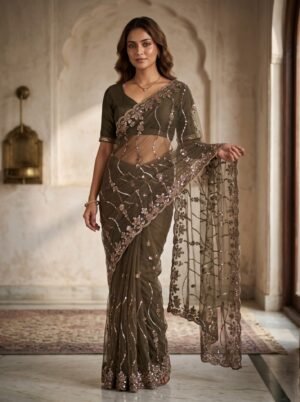 Olive Brown Floral Sequin Net Saree