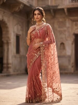 Peach Rose Floral Sequin Net Saree