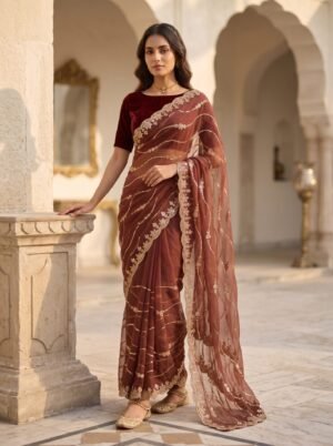 Rust Maroon Floral Sequin Net Saree