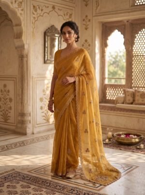 Mustard Gold Floral Vine Embroidered Saree