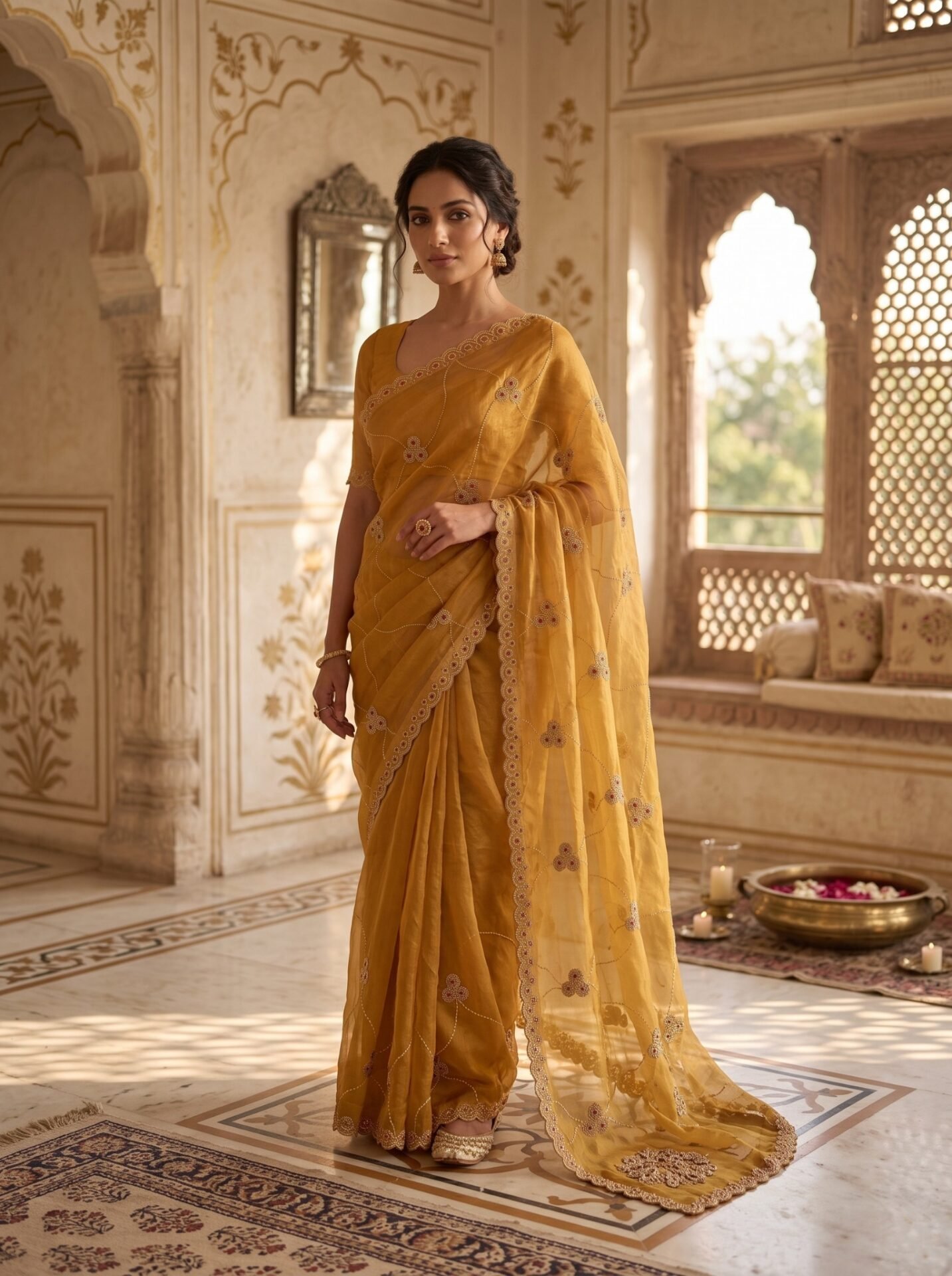 Mustard Gold Floral Vine Embroidered Saree