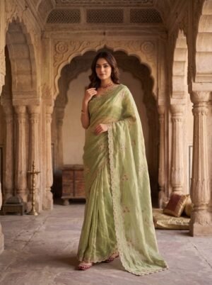 Pista Green Floral Vine Embroidered Saree