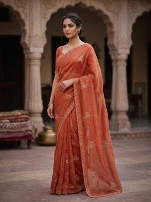 Rust Orange Floral Vine Embroidered Saree