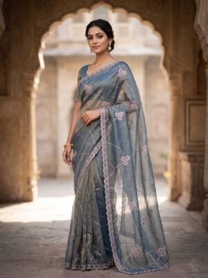 Steel Blue Floral Vine Embroidered Saree
