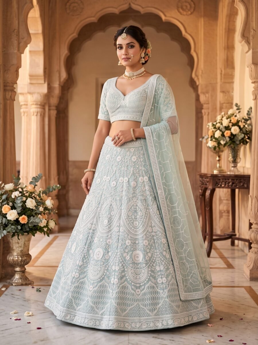 Ice Blue Chikankari and Scalloped Lace Embroidered Designer Lehenga Choli