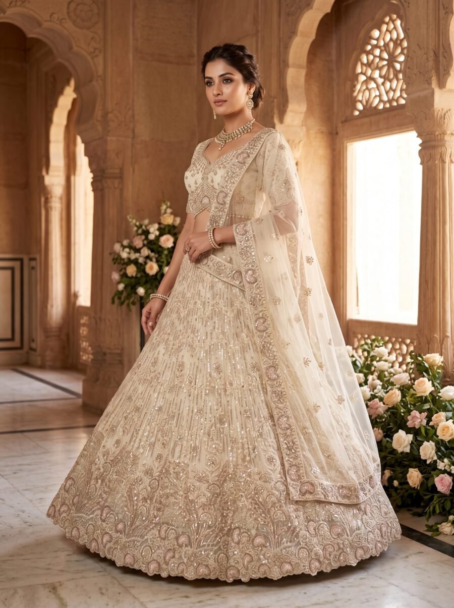Ivory Cream Linear Sequin and Scalloped Floral Embroidered Bridal Lehenga Choli
