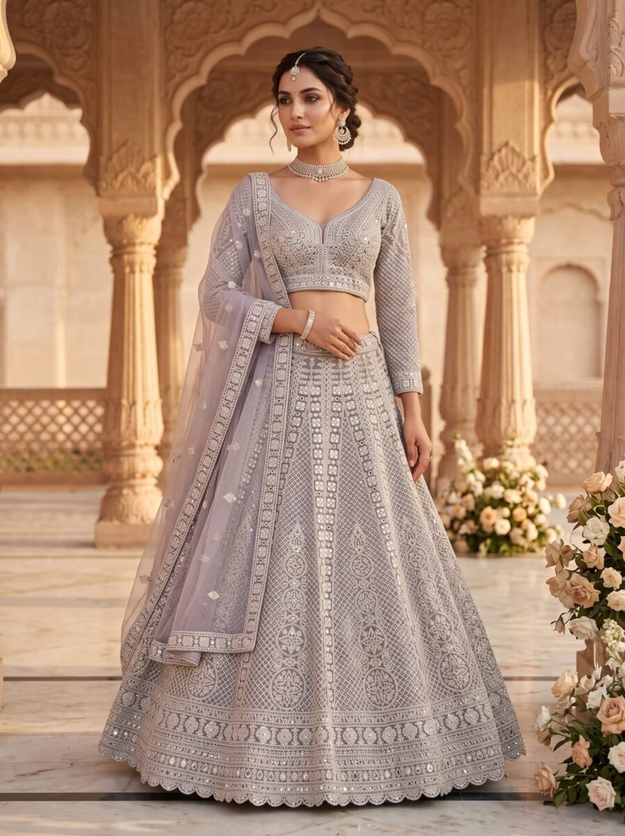 Lavender Grey All-Over Chikankari and Sequin Embroidered Lehenga Choli