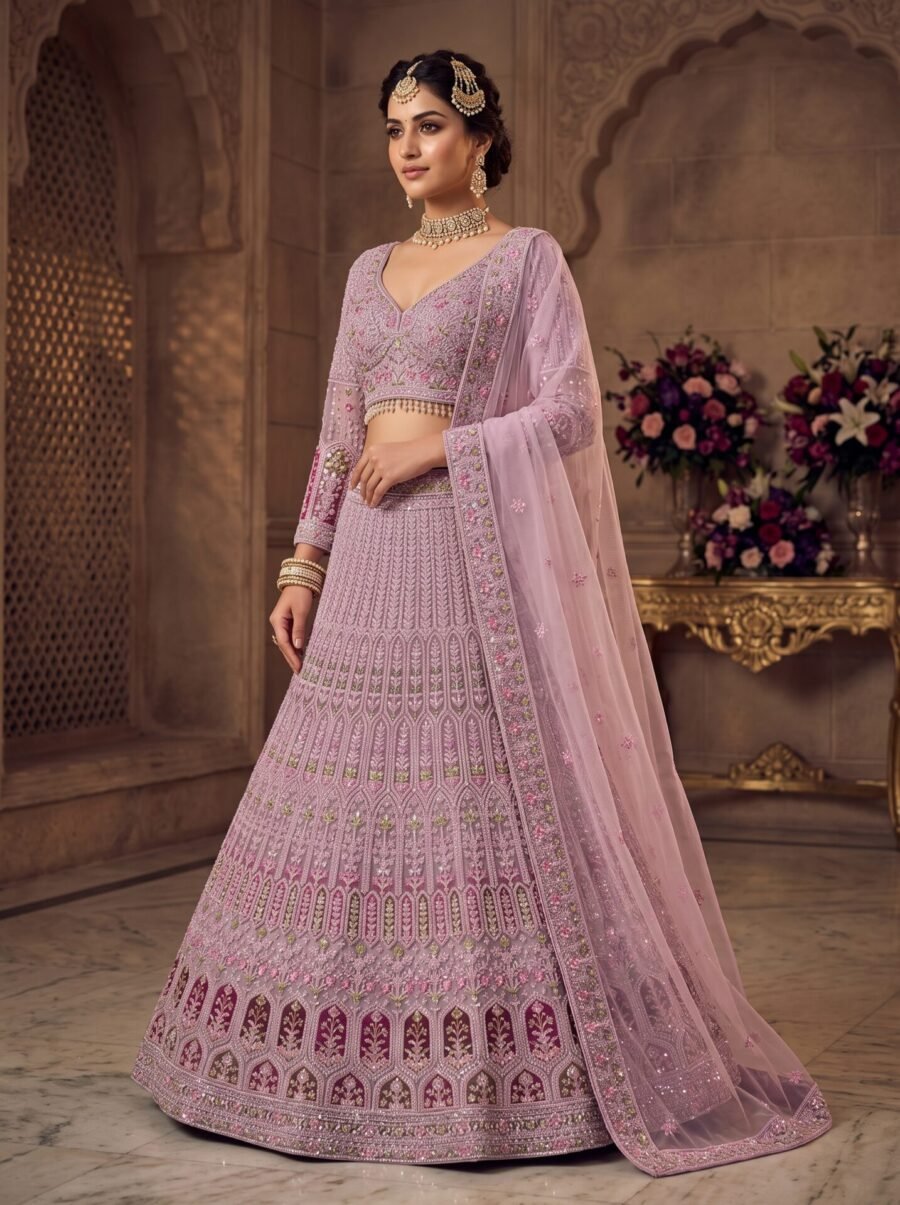 Lavender Lilac Mughal Mihrab Arch Embroidered Lehenga Choli