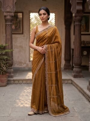 Antique Mustard Metallic Border Saree