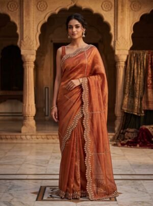 Burnt Orange Metallic Border Saree