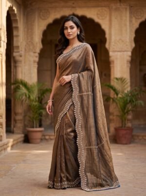 Mocha Brown Metallic Border Saree