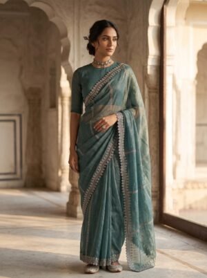 Muted Teal Metallic Border Saree