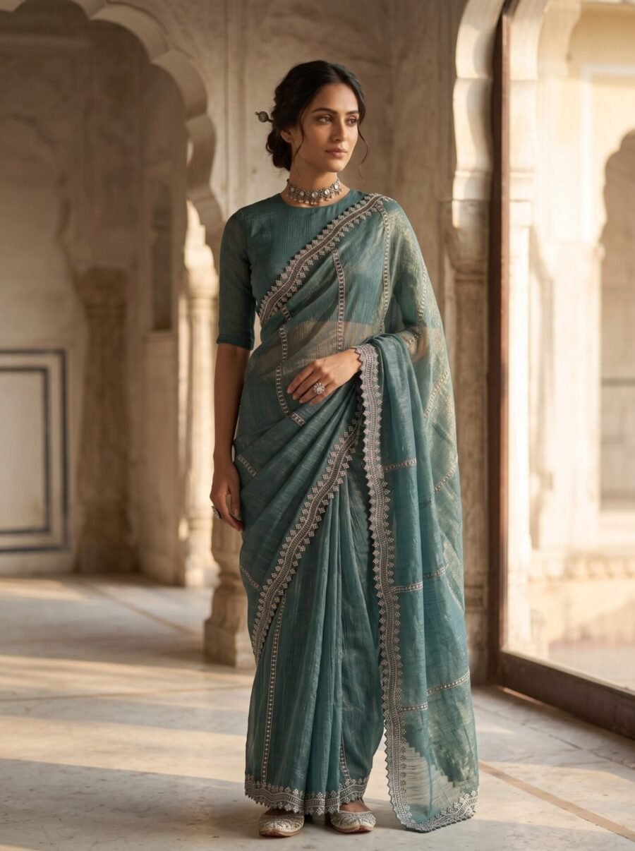 Muted Teal Metallic Border Saree