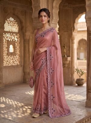 Metallic Onion Pink Crystal Floral Saree