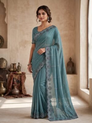 Misty Teal Floral Border Saree