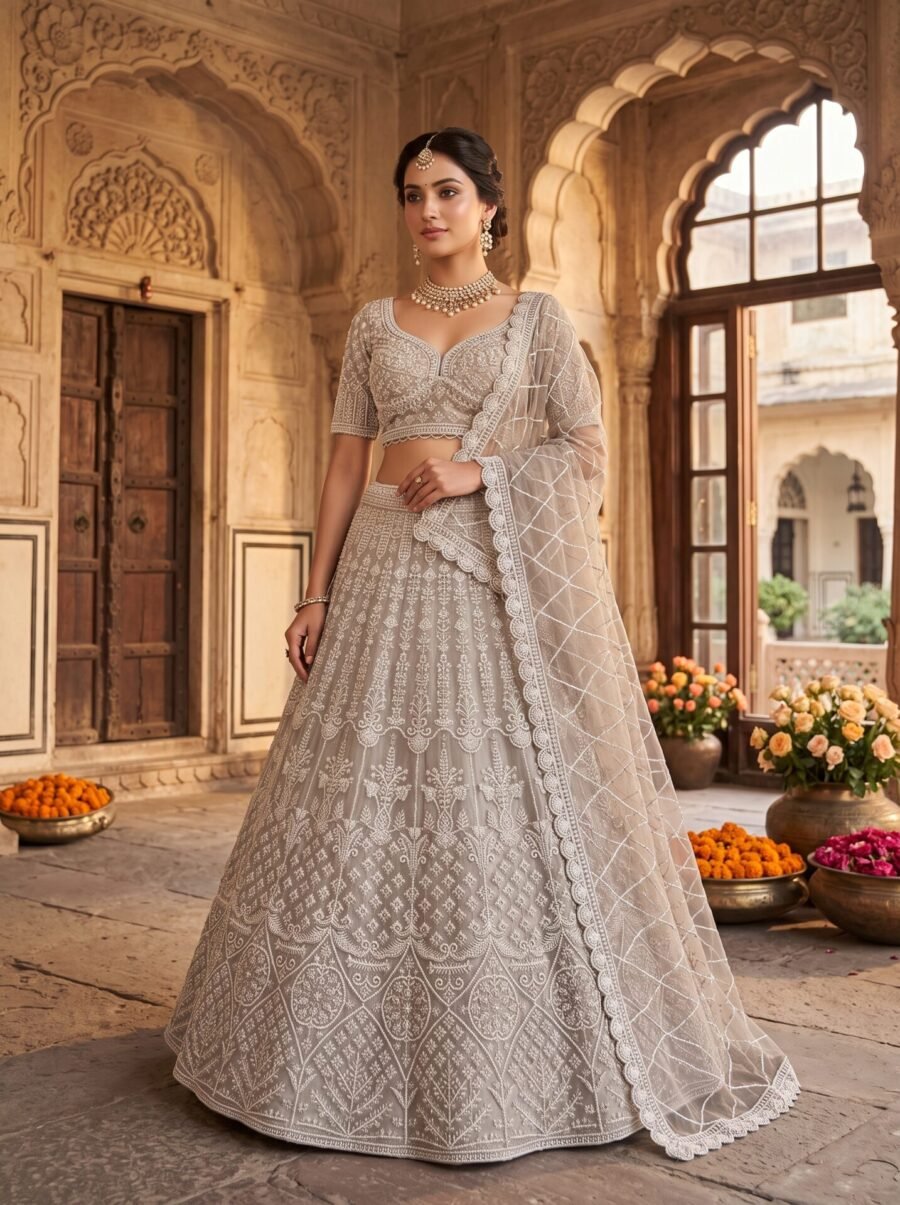 Muted Taupe Grey Chikankari and Diamond Grid Lace Bridal Lehenga Choli