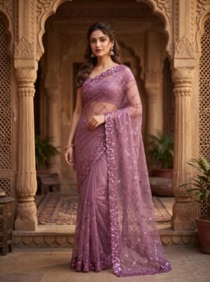 Mystic Mauve Lattice Sequin Designer Net Saree