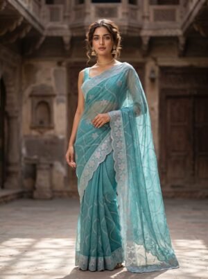 Ocean Sea Green Starry Crystal Georgette Saree