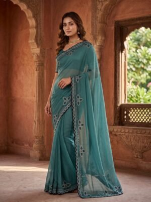 Ocean Teal Contrast Scallop Crystal Saree
