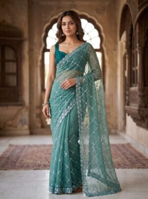 Ocean Teal Shimmering Grid Premium Net Saree