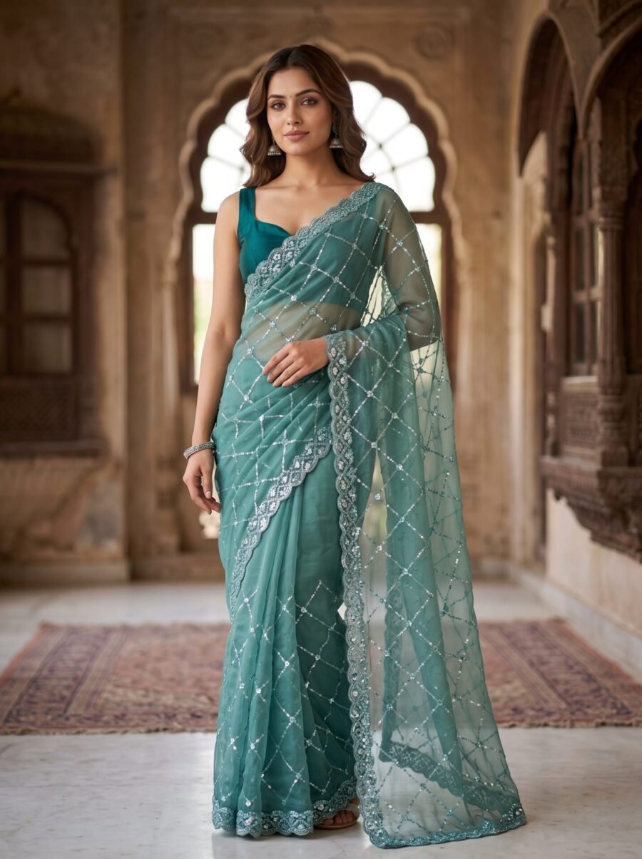 Ocean Teal Shimmering Grid Premium Net Saree