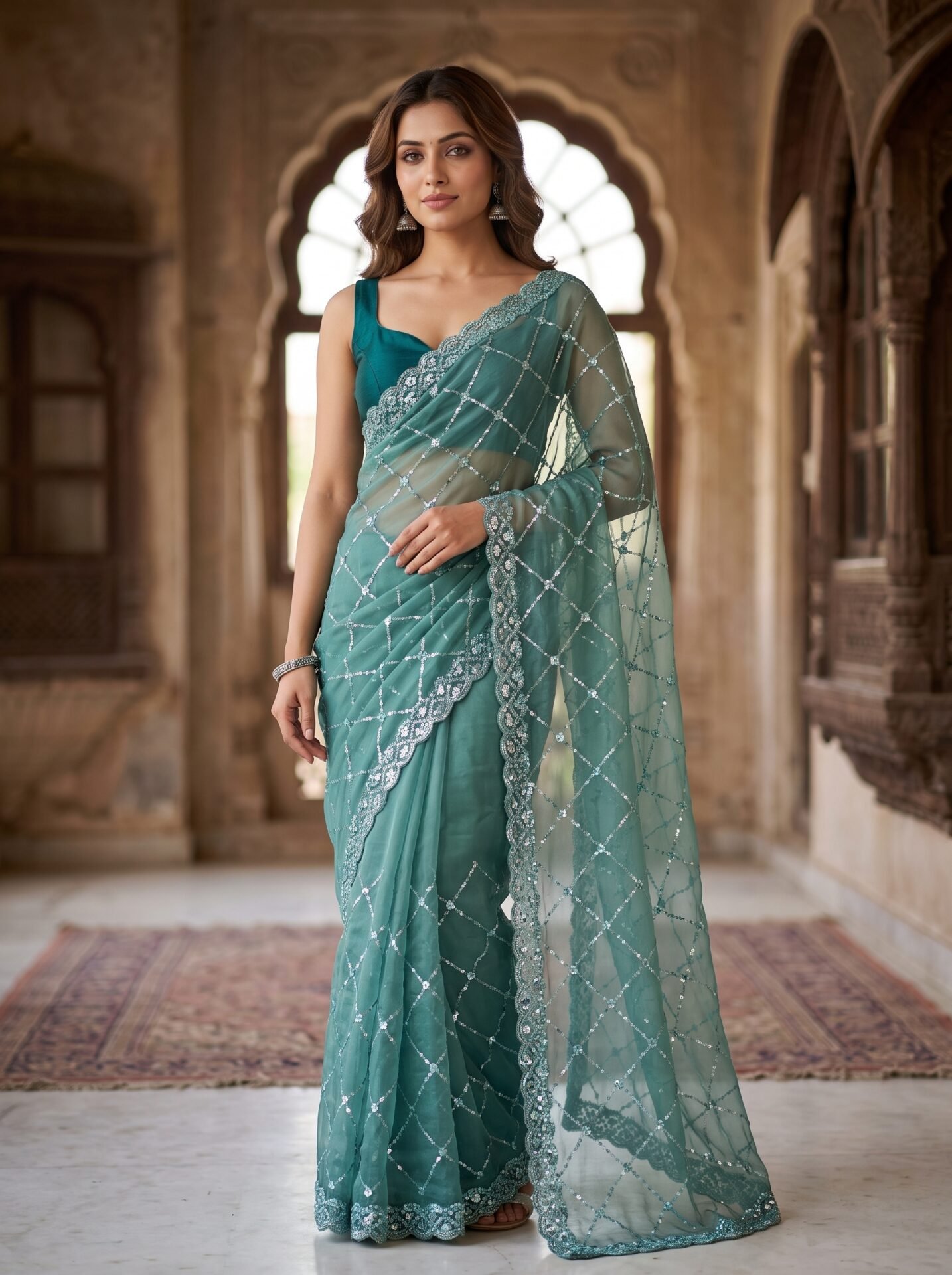 Ocean Teal Shimmering Grid Premium Net Saree