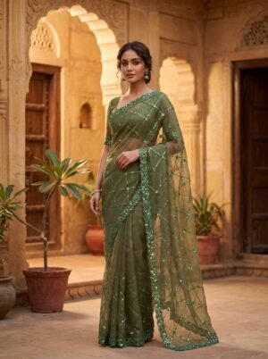 Olive Sage Geometric Sequin Premium Net Saree