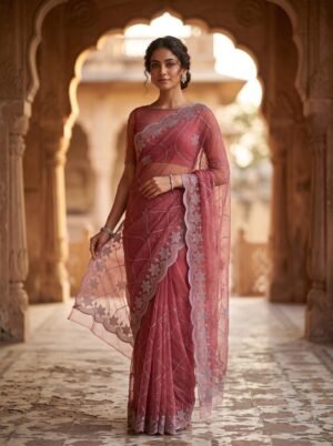 Onion Rose Pink Celestial Crystal Georgette Saree