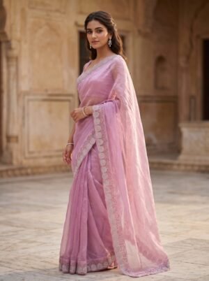 Orchid Blush Circular Scallop Organza Silk Saree
