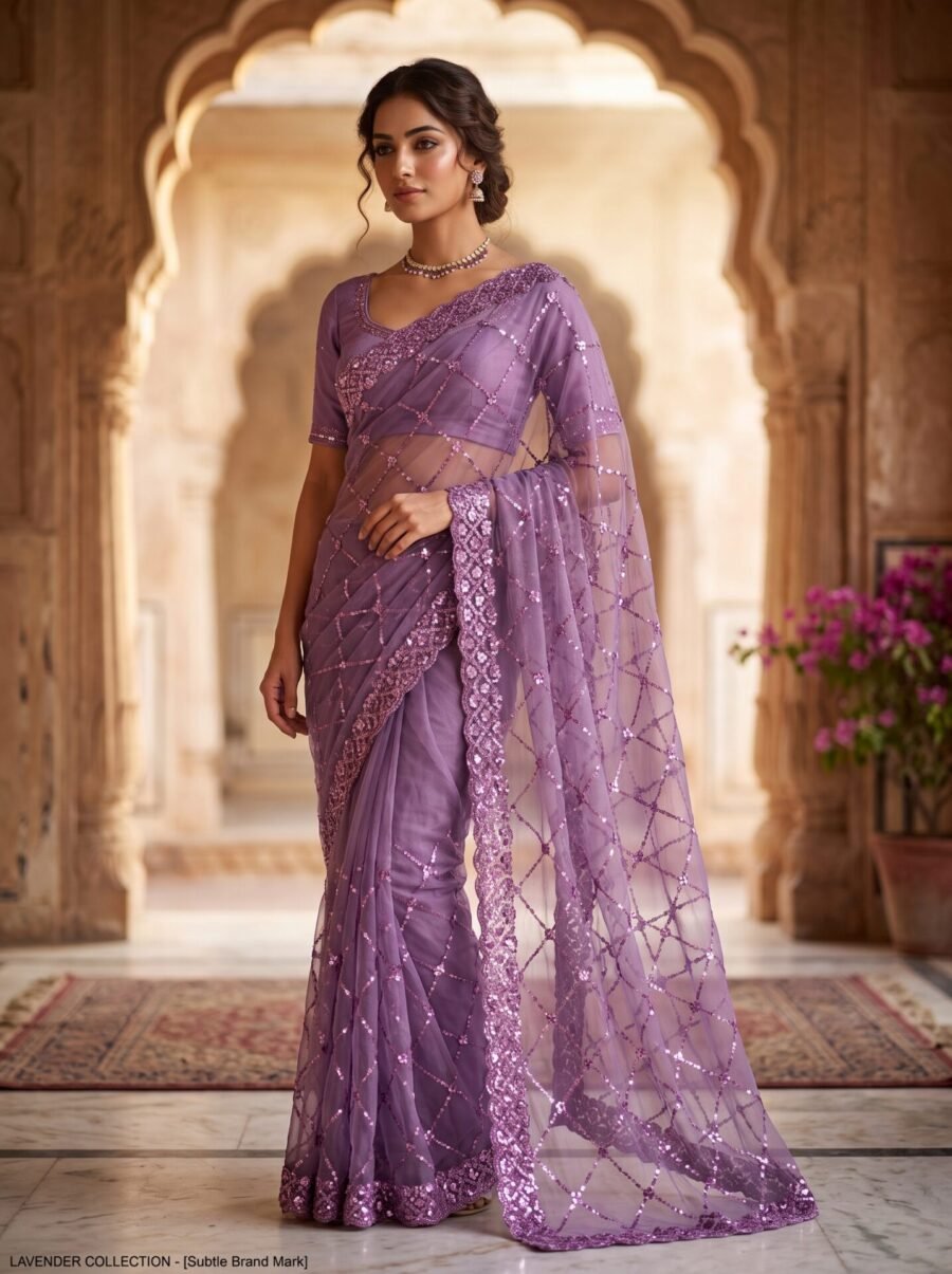 Orchid Lavender Glamour Sequin Premium Net Saree