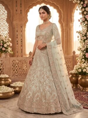 Pale Mint Green Climbing Ivy Floral Zari Embroidered Lehenga Choli