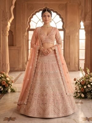 Pastel Coral Peach Mirror and Zari Embroidered Bridal Lehenga Choli