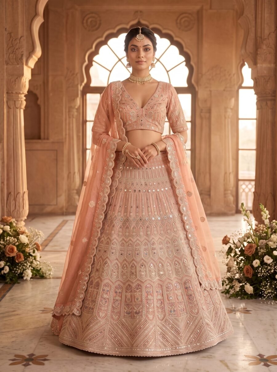 Pastel Coral Peach Mirror and Zari Embroidered Bridal Lehenga Choli