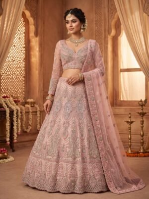 Pastel Rose Pink Floral Paisley Embroidered Designer Lehenga Choli