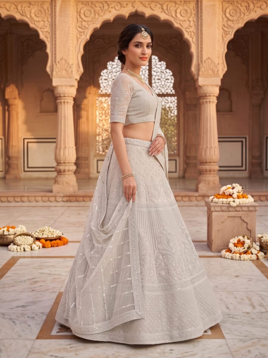 Pearl Ivory Chikankari and Botanical Sequin Embroidered Bridal Lehenga Choli