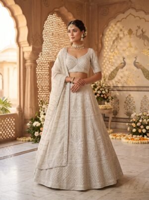 Pearlescent Off-White Chikankari and Sequin Embroidered Bridal Lehenga Choli