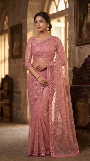 Roseate Glow Sequin Embroidered Premium Net Saree