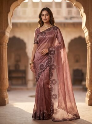 Rosewood Sheen Rose Taupe Embroidered Saree