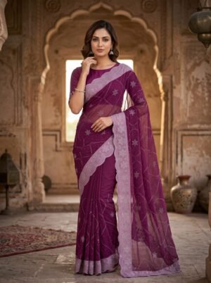 Royal Magenta Purple Star Scallop Georgette Saree