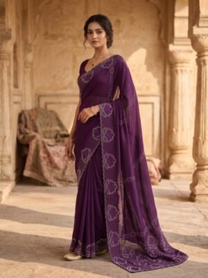 Royal Violet Crystal Floral Premium Georgette Saree