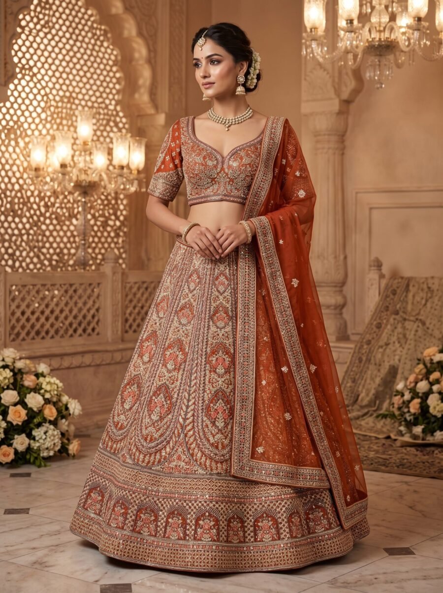 Rust Orange Mughal Paisley Embroidered Bridal Lehenga Choli