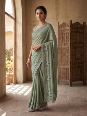 Sage Serenade Monochrome Crystal Scallop Saree