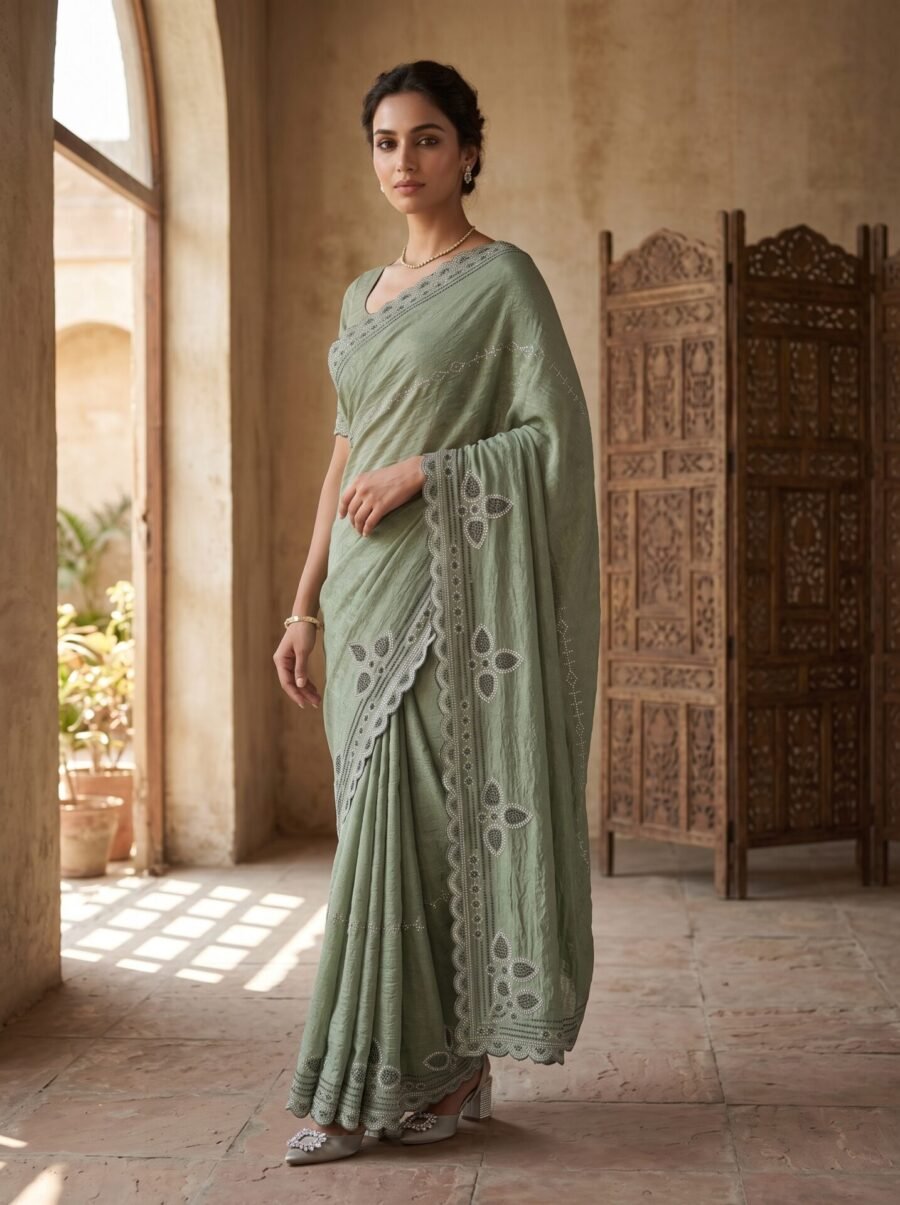 Sage Serenade Monochrome Crystal Scallop Saree