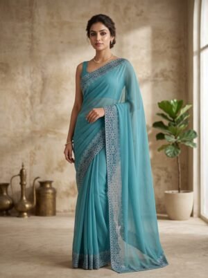Aqua Blue Silver Border Embellished Saree