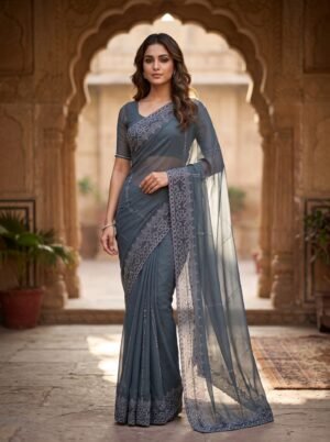 Charcoal Blue Silver Border Embellished Saree