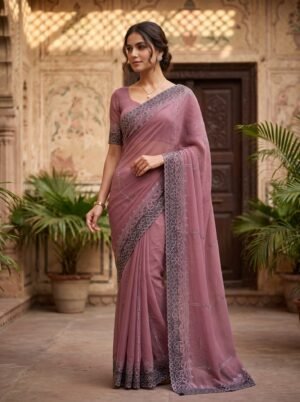 Dusty Mauve Silver Border Embellished Saree