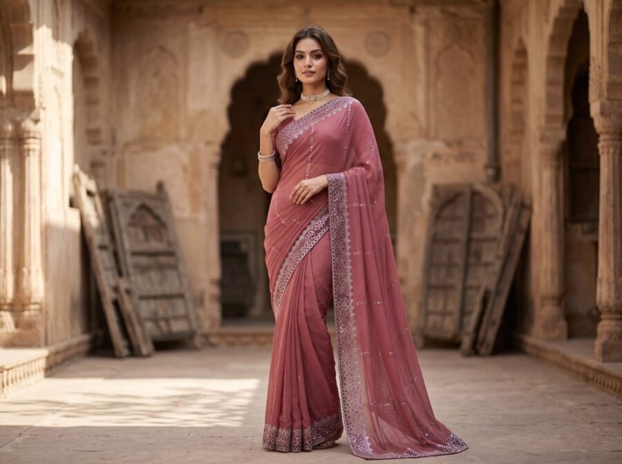 Rose Pink Silver Border Embellished Saree