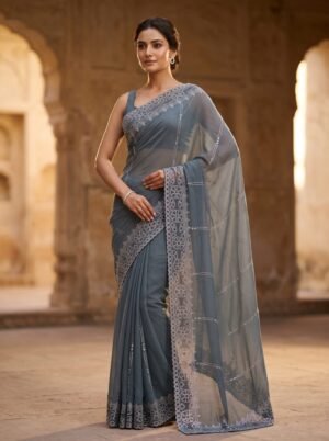 Slate Grey Silver Border Embellished Saree